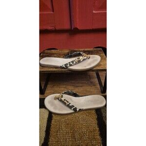 Sperry Top Sider Womens US  6.5M Leather Linen Upper Leopard Thong Casual Sandal